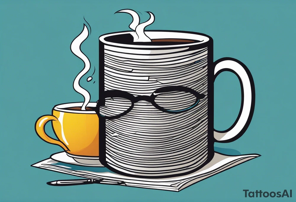 Cylindrical Coffee mug sitting on top of a folded newspaper, with a comb inside of the coffee mug tattoo idea