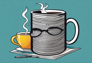 Cylindrical Coffee mug sitting on top of a folded newspaper, with a comb inside of the coffee mug tattoo idea