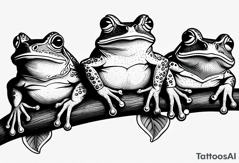 three funny frogs on a branch tattoo idea