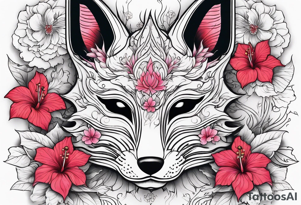 White japanese mask that looks like a kitsune with red accents and pink hibiscus flowers tattoo idea