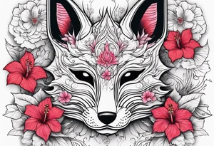 White japanese mask that looks like a kitsune with red accents and pink hibiscus flowers tattoo idea