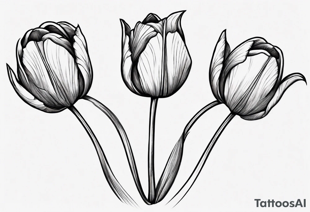 Design a unique tattoo depicting a bundle of three tulips. The first tulip should be in its bud form, with fine details conveying anticipation and the beginning of life. The second tulip should already be wilted, with its leaves appearing withered and crumpled, capturing the transient and finite nature of life. The third tulip should be perfect and magnificent, with vibrant colors and a flourishing beauty. Ensure that the composition is harmonious, and that the various stages of life in the tulips are clearly discernible. tattoo idea