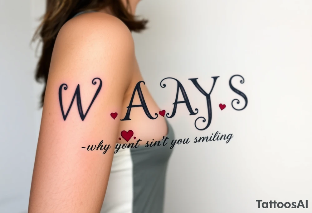 W.A.Y.S spelled out with why aren’t you smiling under neath it with hearts with 444 tattoo idea
