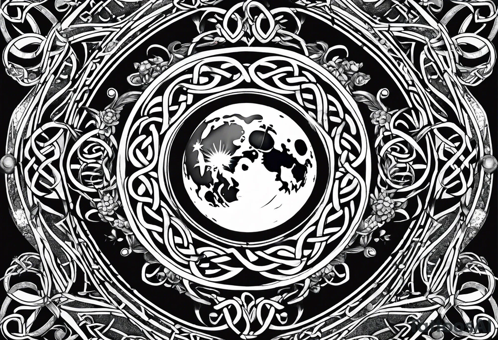 Moon, celtic symbol, hydrangia tattoo idea