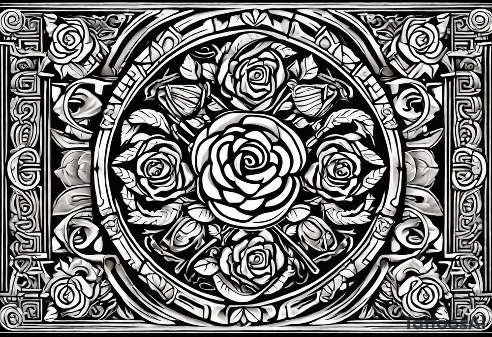 Design a masculine tattoo depicting three delicate rose buds being embraced and protected by 
Aztec weapons. The weapons should include elements such as the macuahuitl (Aztec sword-club)
, arranged in a way that forms a protective circle or embrace around the roses. Carve the entire image as if it were a stone sculpture by an ancient Aztec artist, with the texture resembling intricately detailed stone carvings. The roses should be slightly softer but still stylized in stone, giving the entire tattoo a powerful, yet artistic and ancient feel. Use bold, sharp lines to capture the essence of Aztec craftsmanship

Historically accurate tattoo idea