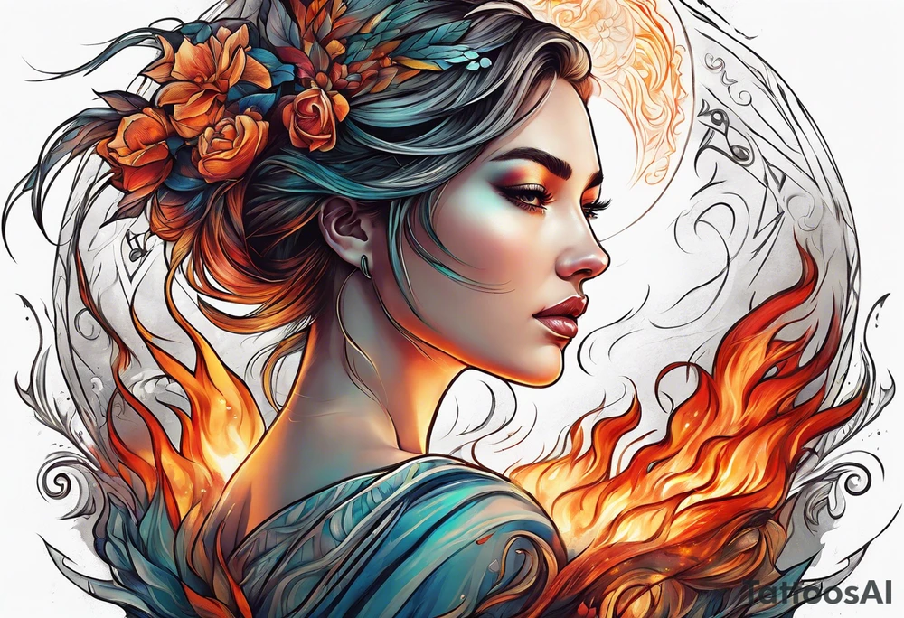 Resurrection strength and courage Beautiful Woman walking through fire and chaos to inner peace and self-love  ethereal tattoo idea