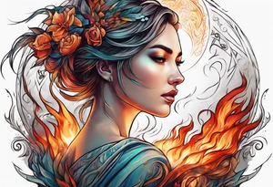 Resurrection strength and courage Beautiful Woman walking through fire and chaos to inner peace and self-love  ethereal tattoo idea