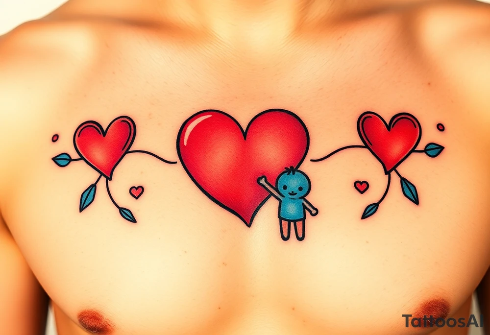 Red and blue hearts with their children tattoo idea