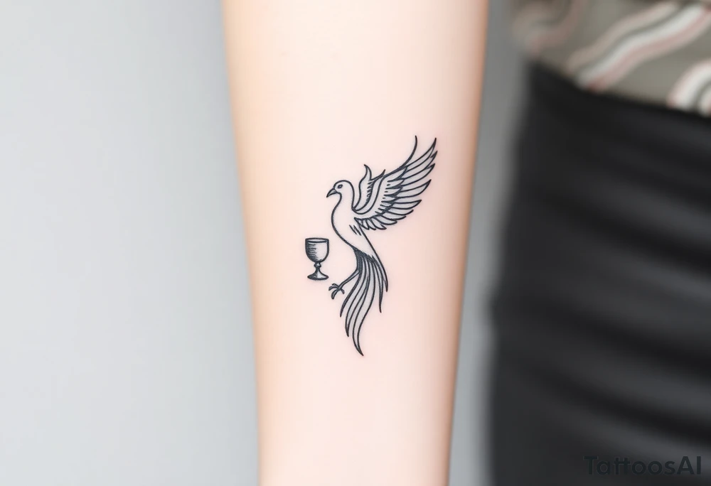 Phoenix bird with flames holding two goblets (like the two of cups from tarot cards) on my forearm tattoo idea