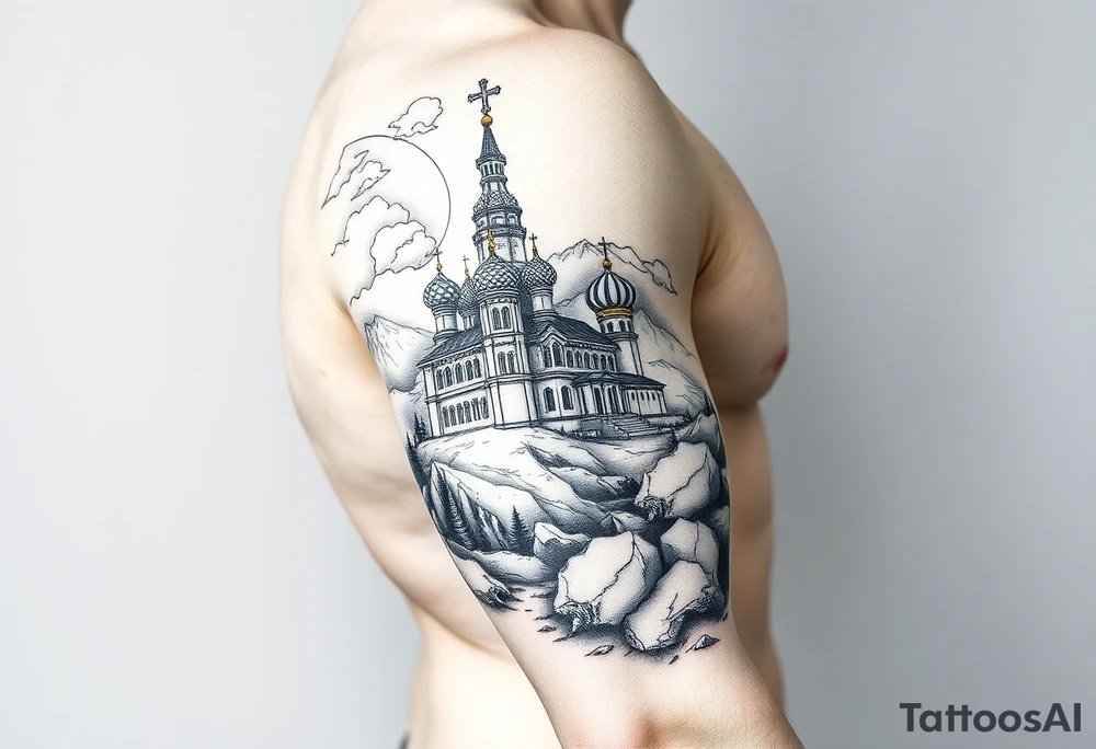 russian orthodox christian left arm tattoo with st basils cathederal in a mountainous setting with clouds tattoo idea