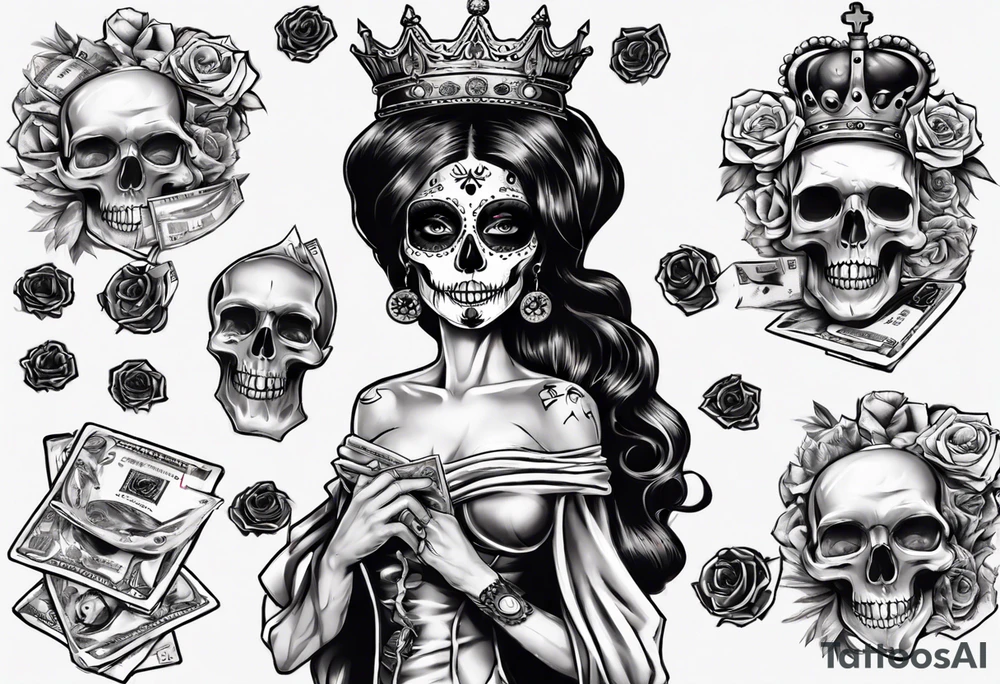 santa la muerta with money and crown
on the card tattoo idea