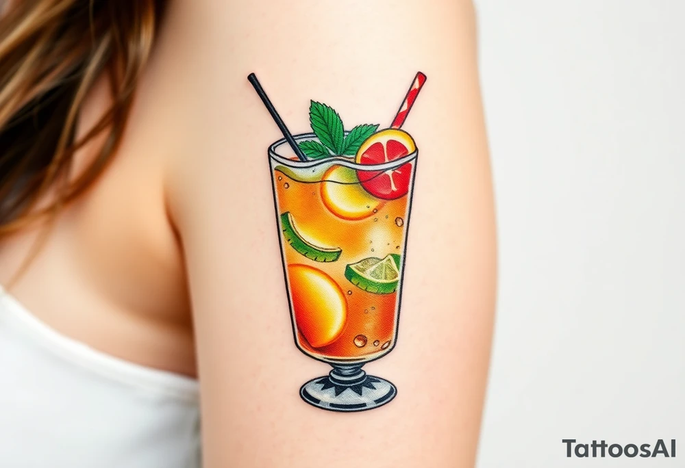 Fun island vacation cocktail in a rocks glass with fun garnishes. About 2 inches tattoo idea
