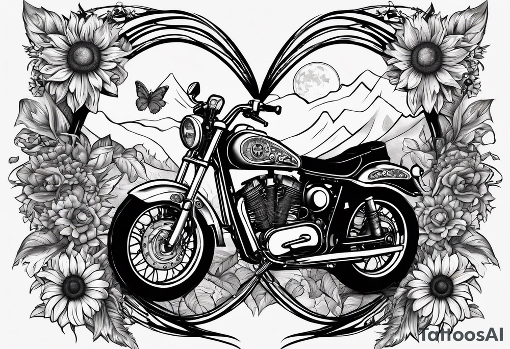 A cross with my family’s names on it names are Peter Lori Kyle and around Peter’s name put a motercycle and a bear around loris name put a sunflower and a heart and around Kyle’s name put a baseball and electricity tattoo idea