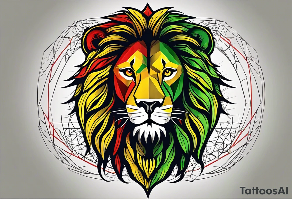 rasta lion with red-yellow-green colour flag in geometry style tattoo idea