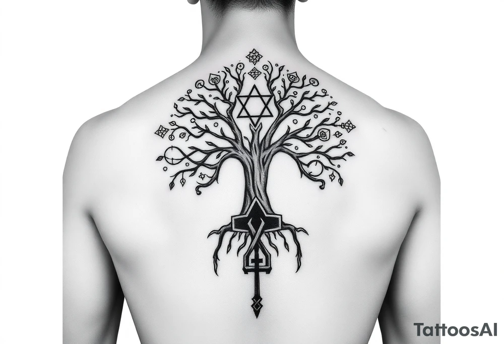 geometrical mystical tree of life with the star of David and cross cosmic roots and celestial symbols branches with HIV-positive symbol tattoo idea