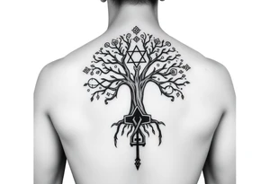 geometrical mystical tree of life with the star of David and cross cosmic roots and celestial symbols branches with HIV-positive symbol tattoo idea