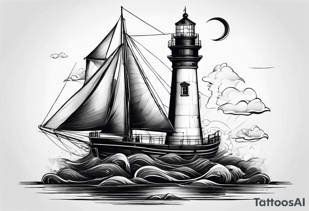maritime lighthouse with 2 large sails attached. tattoo idea
