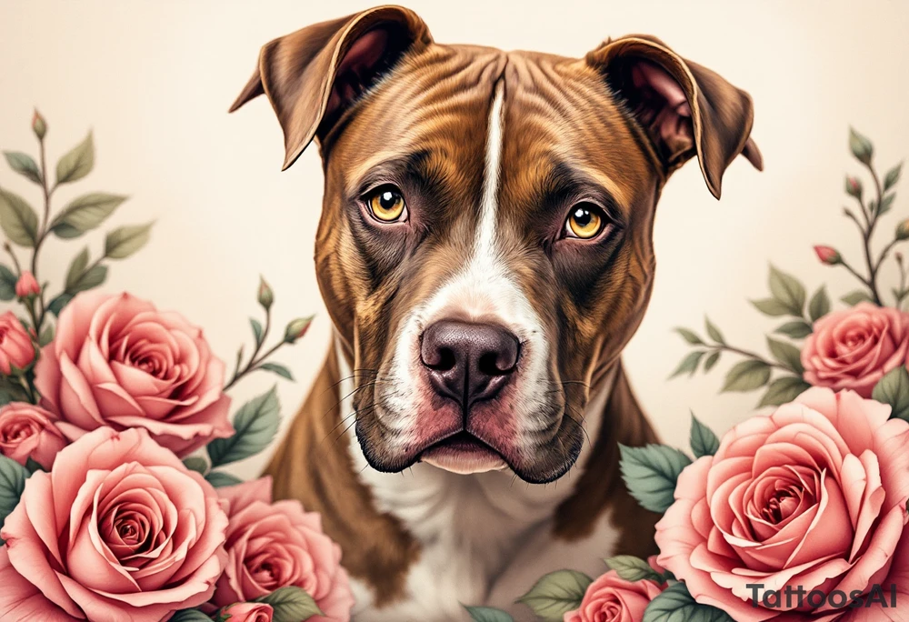 Brown and white pitbull with kind eyes, sitting calmly, surrounded by roses in muted red and soft green leaves, gentle realism. tattoo idea