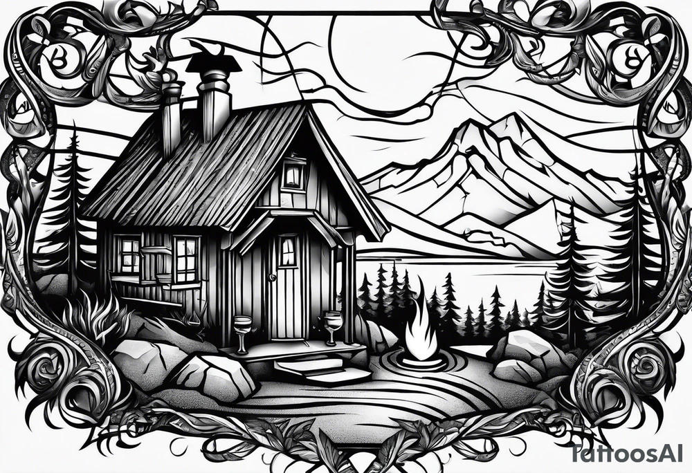 cross, campfire, golf , whiskey glass, cabin tattoo idea