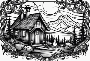 cross, campfire, golf , whiskey glass, cabin tattoo idea