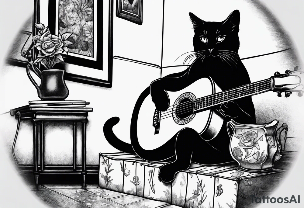 A cat playing acoustic guitar and sitting on a cajon. tattoo idea