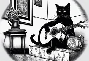 A cat playing acoustic guitar and sitting on a cajon. tattoo idea