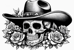 Mexican skull wearing cowboy hat with art paintbrushes and bluebonnets flowers tattoo idea
