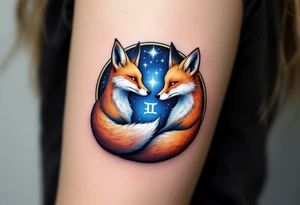 Two twin foxes curled around a glowing Gemini glyph, their fur blending into a cosmic blue and golden gradient tattoo idea