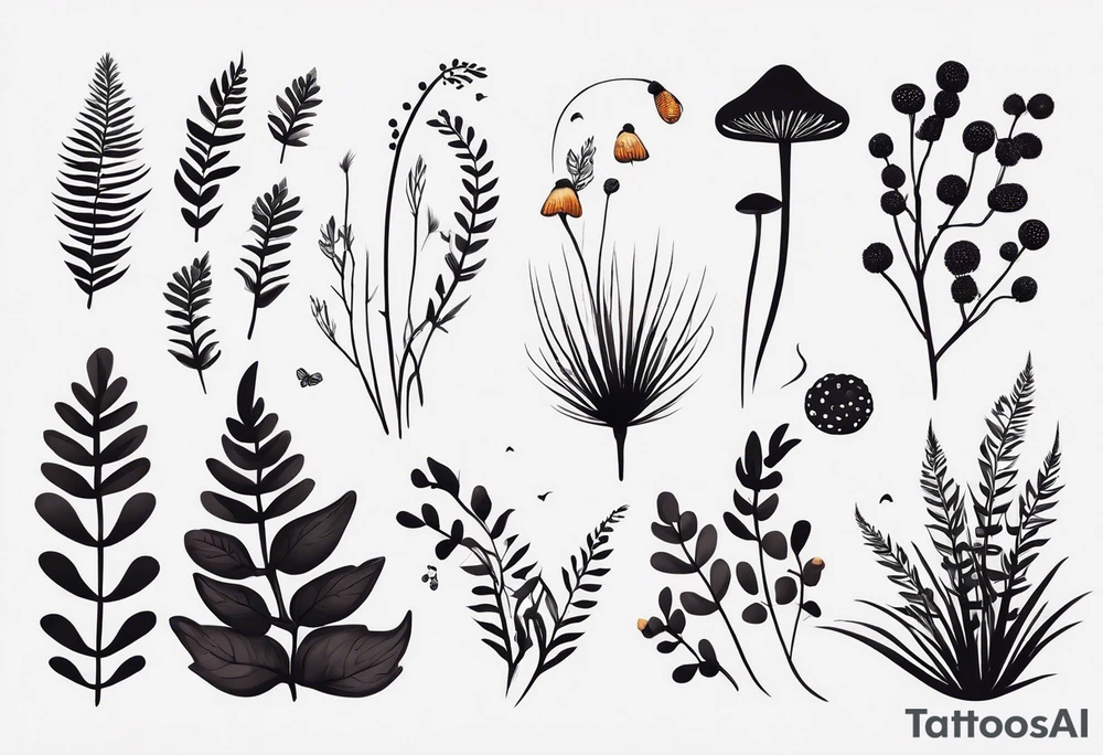forest floor inspired minimalist tattoo, which includes grass, curly ferns, moss and dead leaves as the bulk of the tattoo. details to include: forest berries, a tiny bumblebee flying nearby, three small brown mushrooms
Generate a vertically long one tattoo idea