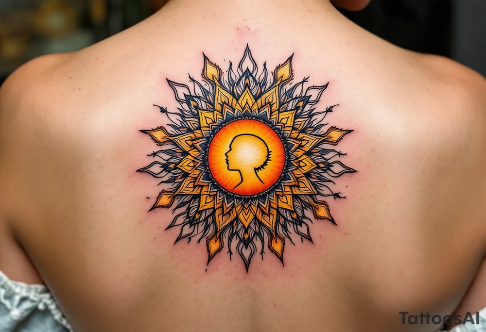 A colorful mandala sun with a mother’s silhouette in the center in deep orange and yellow symbolizes life-giving love. tattoo idea