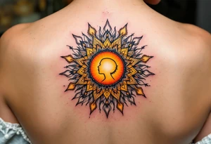 A colorful mandala sun with a mother’s silhouette in the center in deep orange and yellow symbolizes life-giving love. tattoo idea