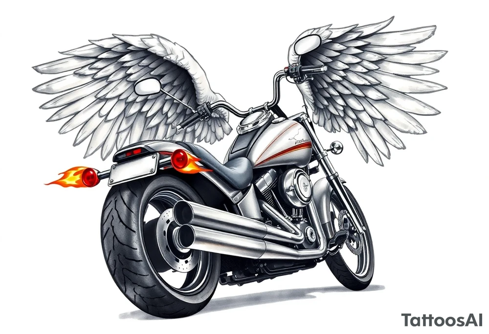 Low rider grey motorcycle, big muffler pipes with flames, angel wings, driving away, no person tattoo idea