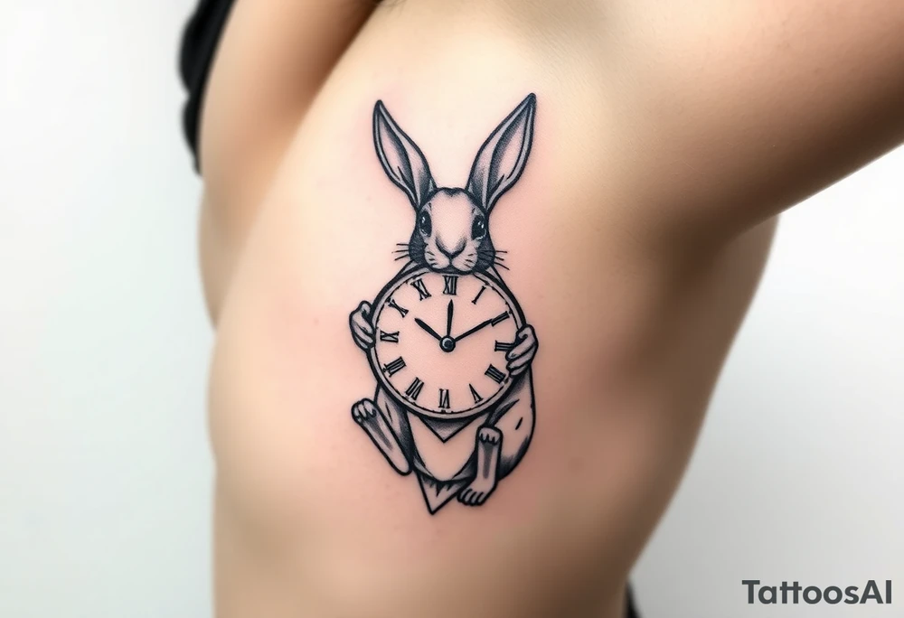 Geometrical rabbit holding a clock tattoo idea