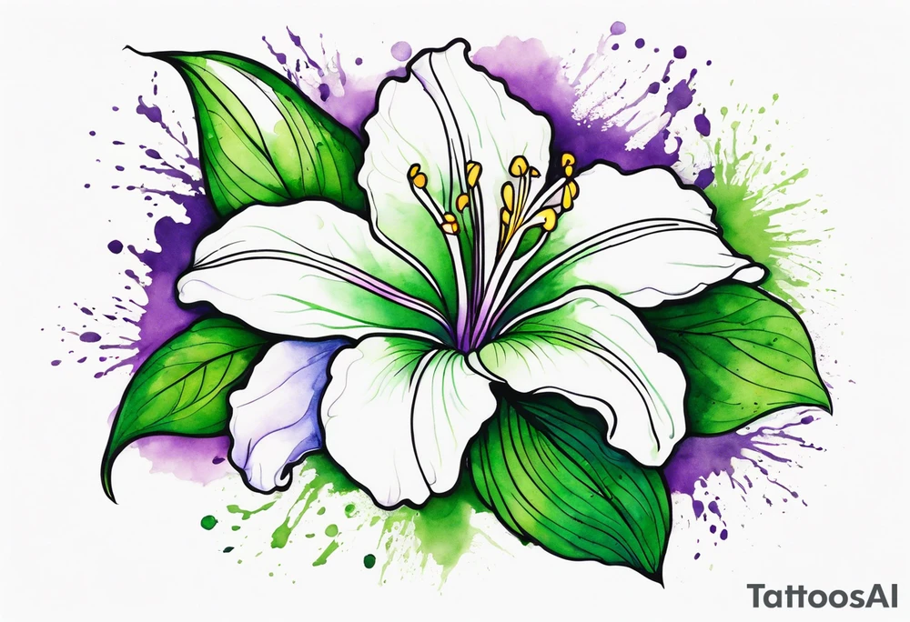 An outline of a green rio dipladenia flower and a green and purple watercolor splash in the background tattoo idea