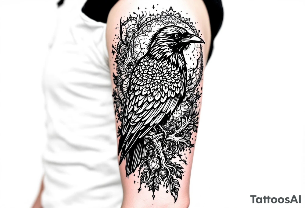 laeft arm tattoo of a raven on a branch surrounded by mandala tattoo idea