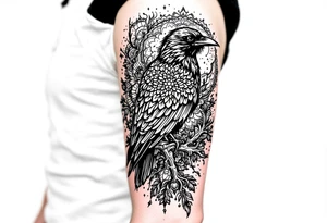 laeft arm tattoo of a raven on a branch surrounded by mandala tattoo idea