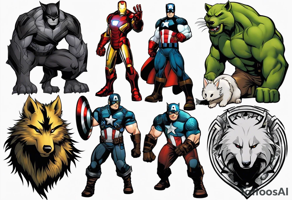 I want to change Avengers Team characters with animals. Hulk will be Badger, Thor will be Alpha Grey Wolf, Captain America will be Bull, Iron Man will be Canary, Black Widow will be Axolotl, Hawk Eye will be Sudan Plated Lizard and Nick Fury will be Cat. tattoo idea