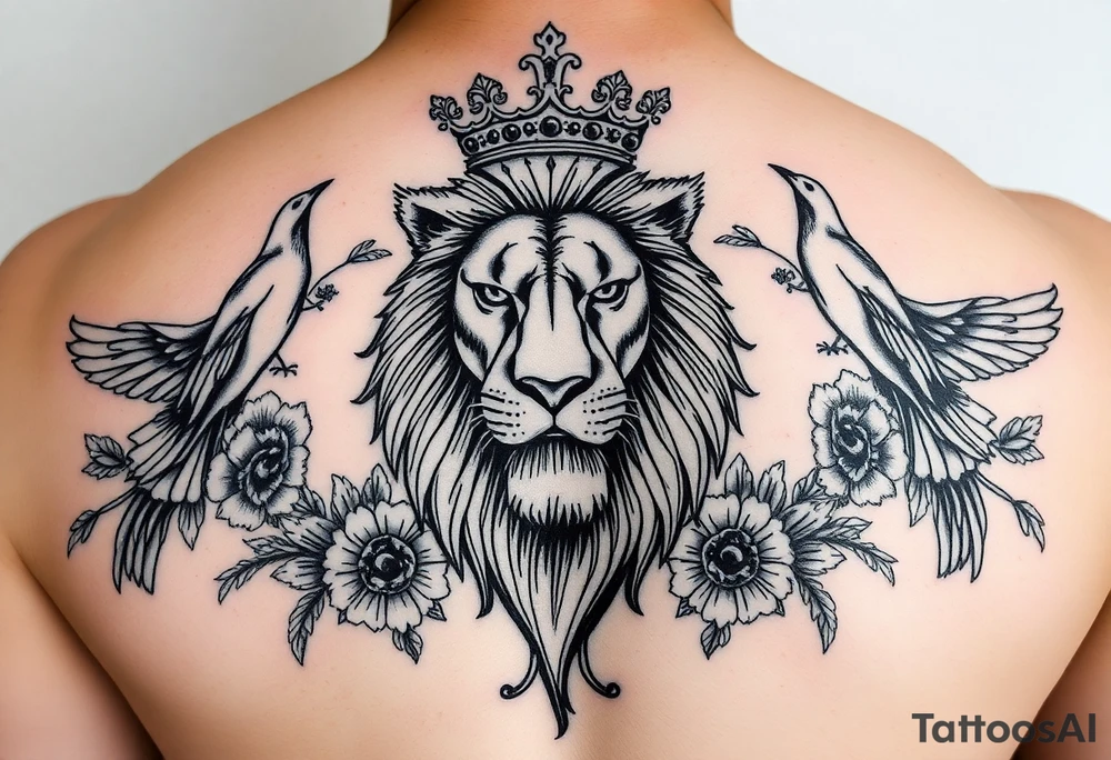 powerful majestic lion with a crown, surrounded by floral ornaments and birds tattoo idea