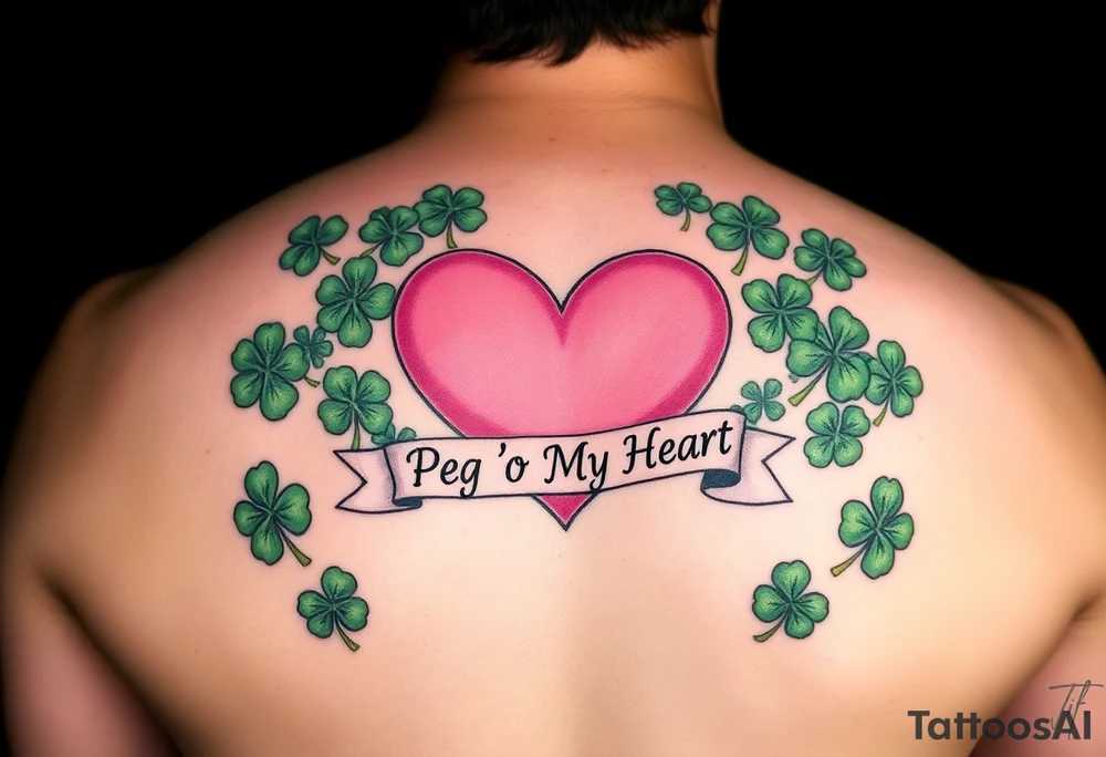 A lot of green shamrocks with a big Pink heart and a banner across the heart that says Peg 'o My Heart tattoo idea