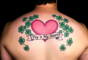 A lot of green shamrocks with a big Pink heart and a banner across the heart that says Peg 'o My Heart tattoo idea