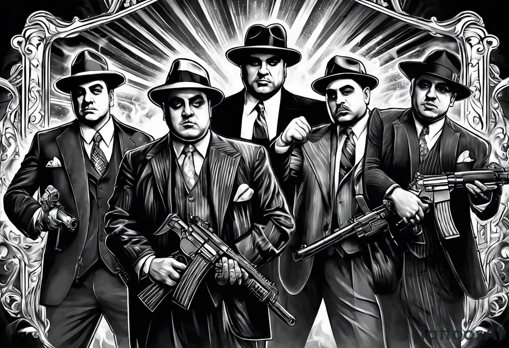group of gangsters including Al Capone with machine guns surrounded by smoke and fire tattoo idea