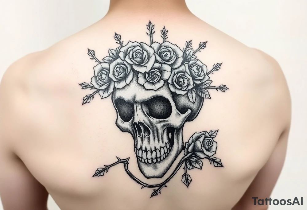 ornate skull adorned with crown of wild roses and thorns tattoo idea