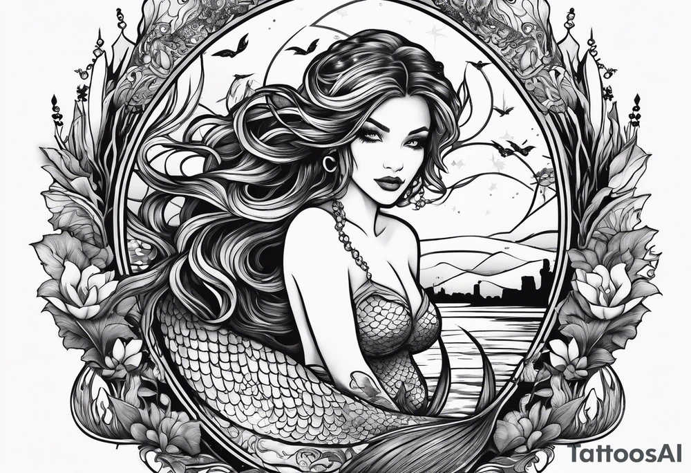 Mermaid in a bayou at night tattoo idea