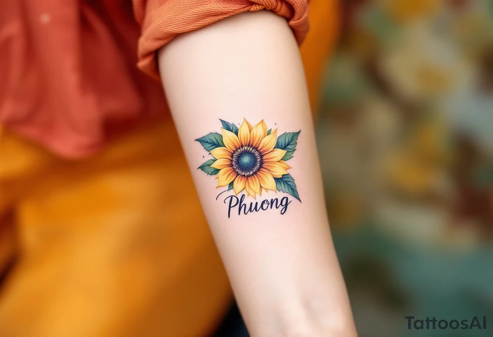 Word "Phuong" written with sunflower tattoo idea