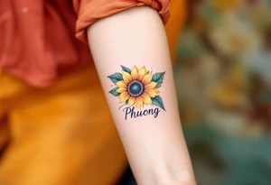 Word "Phuong" written with sunflower tattoo idea