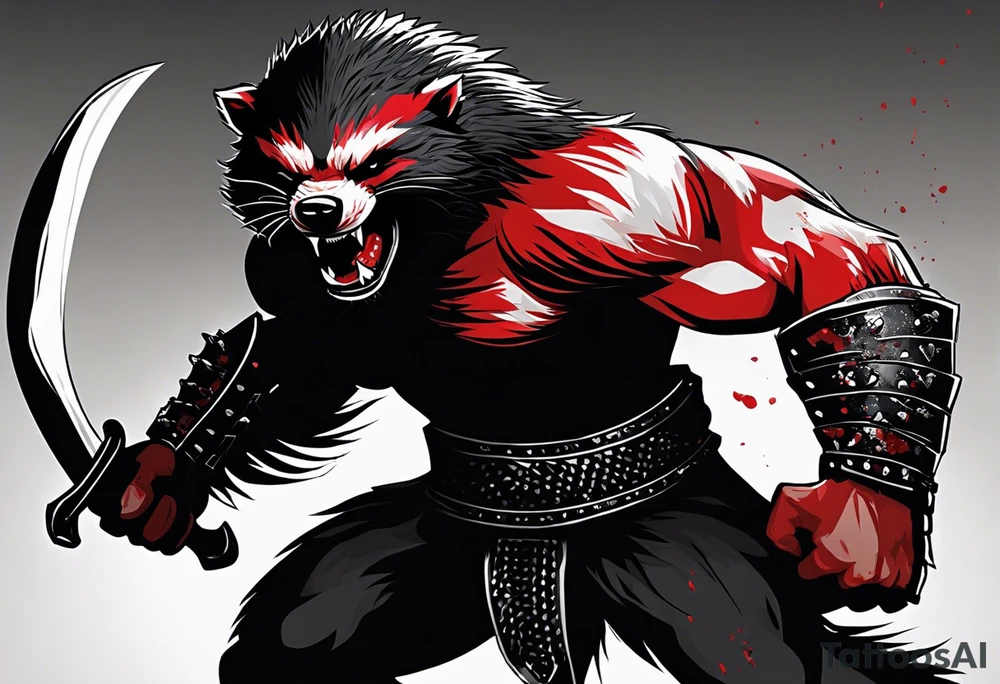 Draw me psychopath Fearless Honey Badger/Berserker with aggressive full body, killer face with a scary smile, very long nails and he attacks like a Bloody Assassin/Warrior/Gladiator to us and also, he has very deadly looking. He fights with his nails only. Everybody scares after their first sight. Give me horror type Badger Tattoo. I want to see his Realistic full body with no weapons. You can show destruction at the back. tattoo idea