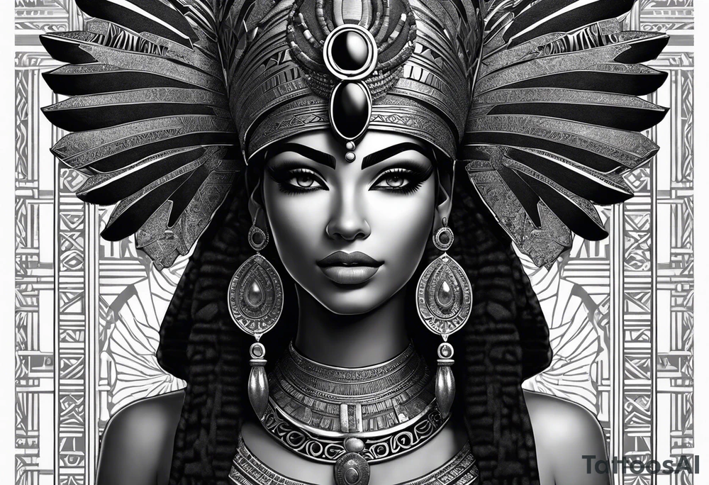 Egyptian figure girl. The figure should be full, featuring a regal headdress and detailed facial markings reminiscent of ancient Egyptian art. Include mystical and symbolic elements such as the Eye of Horus and ankh, blending subtly with geometric background patterns. 
Hyperrealism tattoo idea