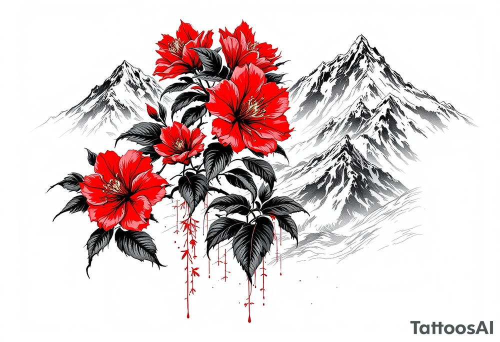 red  and black rhododendron trippy with Himalayas behind tattoo idea