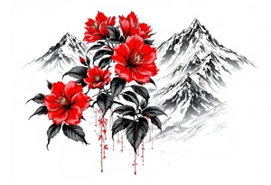 red  and black rhododendron trippy with Himalayas behind tattoo idea