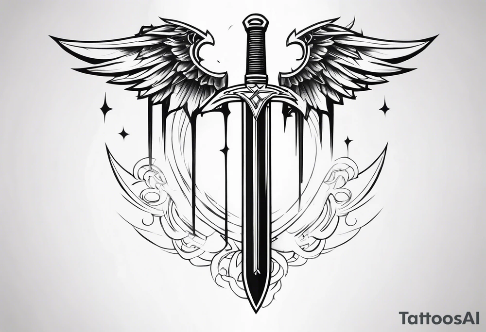Sword with cyber sigil wings tattoo idea